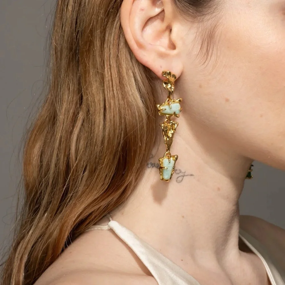ALEXIS BITTAR • Brut Crumpled Gold Tumbled Green Blue Gemstone Drop Earrings